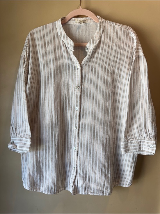 Eileen Fisher Tops - Eileen Fisher White Button-Down Tunic with Tan Stripes